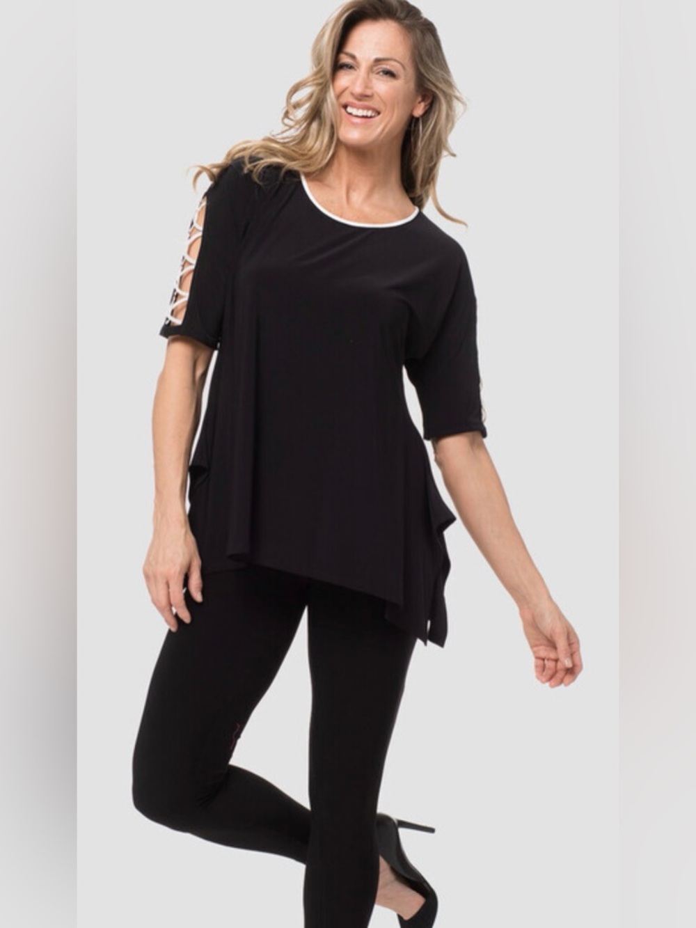 Joseph Ribkoff Black Short Sleeve Tunic  White Trim and Lace-Up Sleeves Size 12
